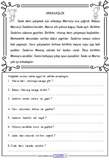 2. Sınıf Türkçe Okuma ve Anlama  Etkinliği ( Arkadaşlık )